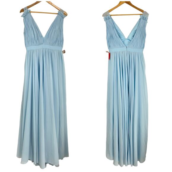 Mac Duggal NWT Pleated Chiffon Sleeveless Plunge V-Neck Gown Powder Blue Size 2 - Picture 3 of 11